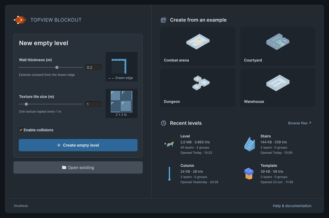 TopView Blockout start screen with level defaults, example cards and recent levels